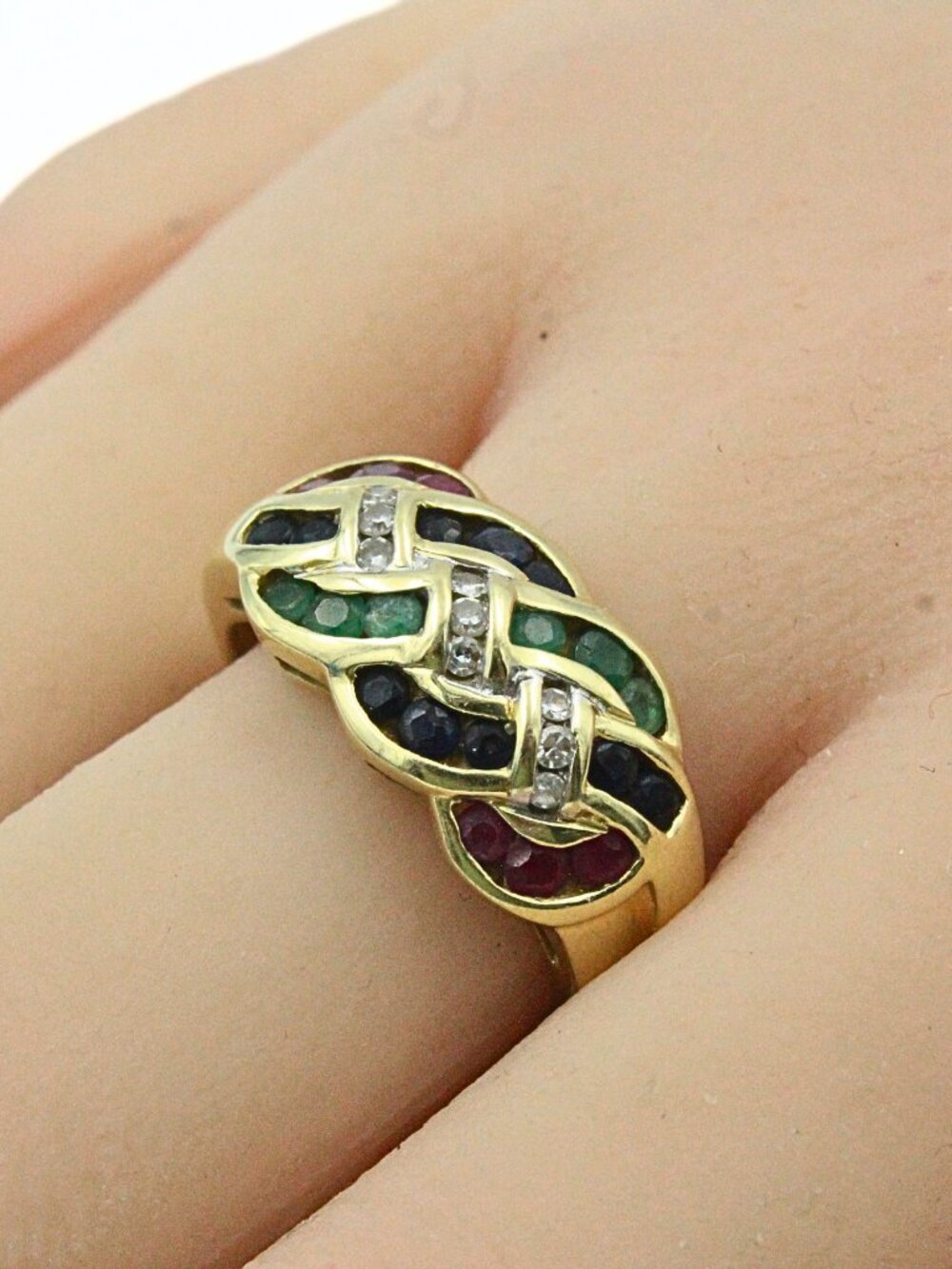 14k Yellow Gold Multicolor Sapphire Ruby Emerald Diamond Braided Band Ring Sz 8